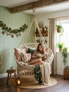 Woven hanging swing chair in a magical fairy bedroom.