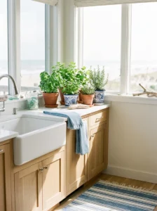 Fresh herb garden growing on a sunny coastal kitchen windowsill