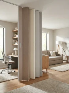 Accordion folding partition dividing a home office and guest sleeping area.