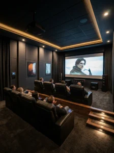 Home theater with tiered seating on a raised platform for clear screen views.