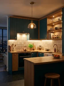 Small kitchen with layered warm pendant and under-cabinet lighting