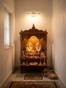 Warm lighting illuminating a peaceful pooja room and mandir