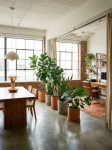 Tall indoor plants used as a natural living room divider in an open-concept space.