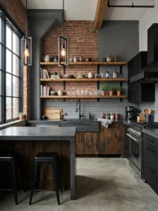 Charcoal concrete countertops in an industrial kitchen.
