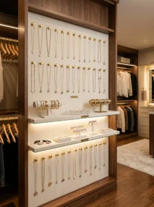 Organized jewelry display wall in a walk-in closet.