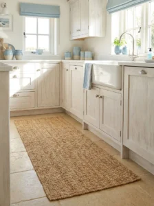 Woven jute runner rug in front of a coastal kitchen sink