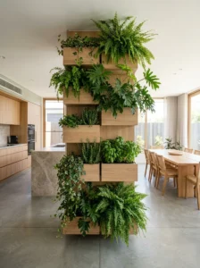 Vertical garden wall used as a lush natural divider between kitchen and dining areas.