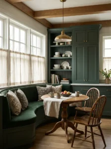 Deep green breakfast nook bench coordinating with dark green kitchen cabinets.
