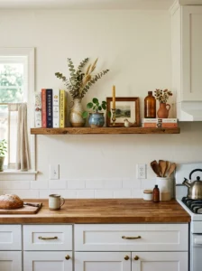 Small kitchen shelf styled with cookbooks, ceramics and decorative objects