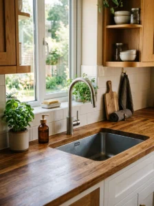 Sealed butcher block countertop around a kitchen sink.