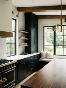 Matte black kitchen cabinets with light countertops