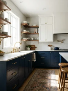 Navy blue lower kitchen cabinets with white upper cabinets