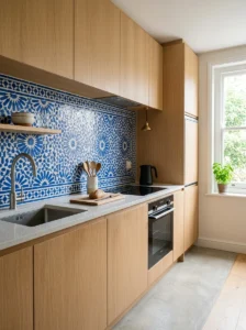 Small kitchen with bold blue and white patterned backsplash tile
