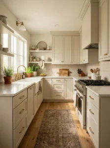 Creamy greige kitchen cabinets with warm wood and brass accents