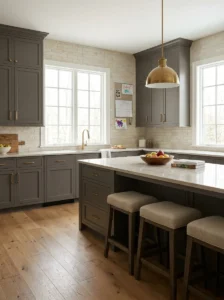 Charcoal gray kitchen cabinets with brass hardware