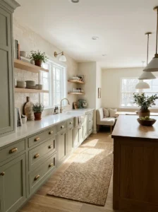 Sage green kitchen cabinets with brass hardware and wood accents