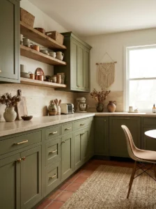 Olive green kitchen cabinets with brass and natural wood accents