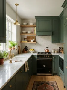 Small kitchen with rich sage green cabinets and light countertops