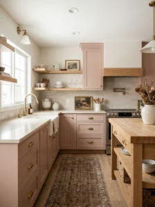 Soft blush pink kitchen cabinets with brass hardware