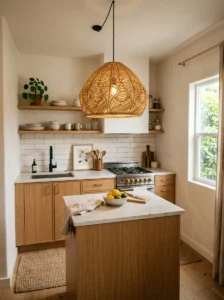 Small kitchen with a statement rattan pendant light