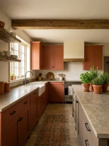 Terracotta kitchen cabinets with natural wood and black hardware