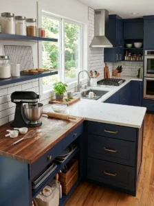 Kitchen with different countertop heights for baking and food preparation.