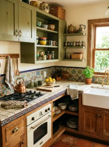 Ceramic tile countertops in an affordable kitchen.