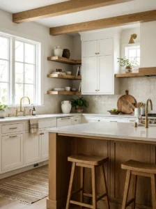 ainted kitchen cabinets combined with natural wood accents