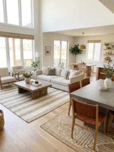 Different area rugs used to visually separate living and dining zones.