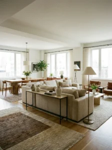 Sofa positioned in an open room to create separate living and dining zones.