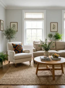 Neutral accent chair styled with a bold colorful throw pillow.