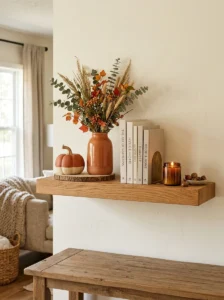 Floating shelves arranged around a living room window to highlight the architectural feature.