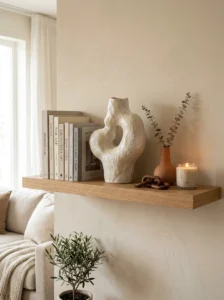 Statement ceramic sculpture displayed as the focal point of a floating shelf.