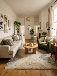 Angled chair breaking up straight lines in a narrow living room