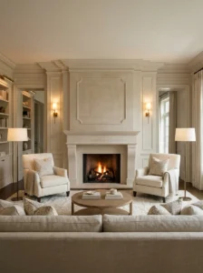Two matching accent chairs symmetrically framing a living room fireplace.