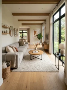 Narrow console table dividing zones in a long living room