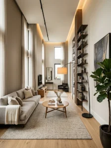 Tall bookshelf and floor lamp adding vertical interest to a narrow living room