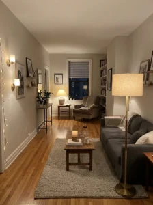 Separate lighting defining two zones in a long living room