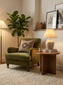 Accent chair styled with a wooden side table and lamp in a living room.