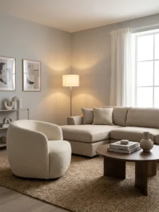 Curved barrel accent chair arranged toward a sofa in a modern living room.