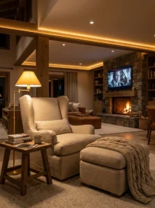 Oversized cozy accent chair with ottoman in a comfortable living room.