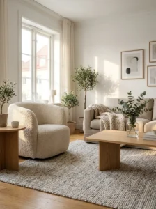 Cream boucle accent chair adding soft texture to a Scandinavian living room.