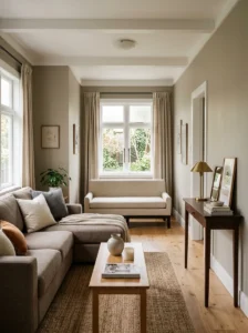 Bench adding function to the narrow end of a long living room