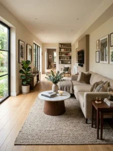 Round coffee table softening the lines of a narrow living room