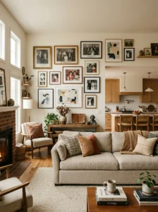 Personal family photos displayed in a shared open concept living room