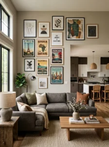 Mixed artwork reflecting different personalities in a shared living room