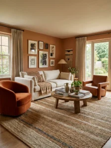 Mismatched velvet and leather accent chairs creating an eclectic living room.