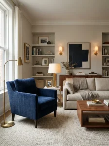 Luxurious navy velvet accent chair in an elegant living room.