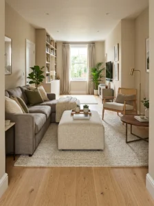 Movable ottoman on casters in a flexible narrow living room