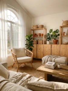 Natural rattan accent chair with cushion in a bright organic living room.